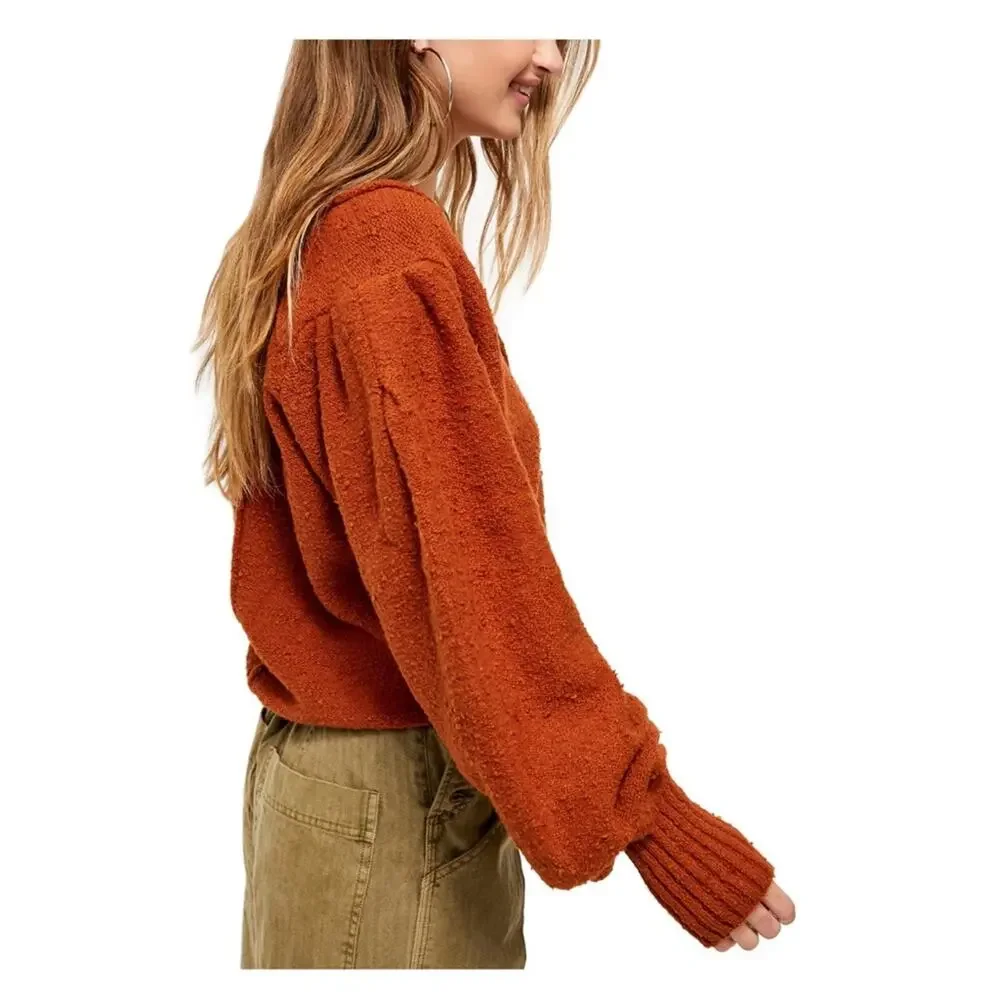 Free People Dark Orange Burnt Butter Reverie V Neck Blouson Sleeve Sweater NWT